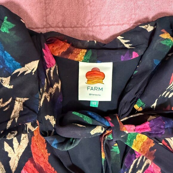 Farm Rio Black Macaws Flight Maxi Dress Tie Neck Leopard Tiered Animal Print XS - Picture 9 of 10